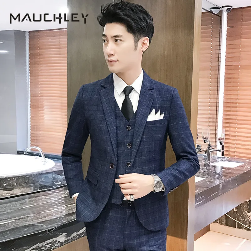 Mauchley Chinese Navy Plaid Mens Suit Vest With Pants 3 Pieces Costume
