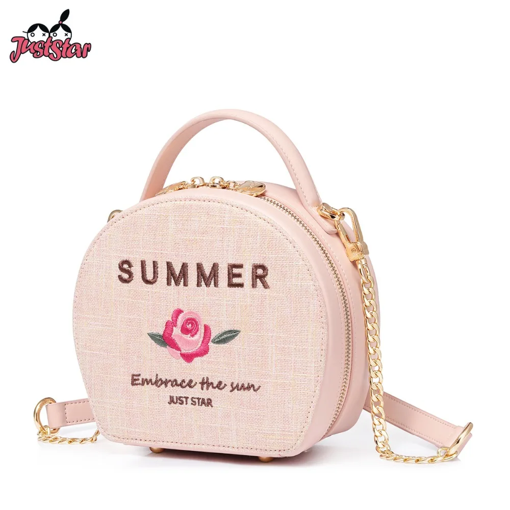 

JUST STAR Women's PU Leather Handbags Ladies Fashion Embroidery Summer Tote Purse Female Flower Chains Sweet Crossbody Bags