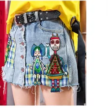 Новые летние джинсовые женские шорты с вышивкой и пайетками; шорты с рисунком; Рваные джинсовые шорты с аппликацией и кисточками; джинсы с героями мультфильмов; CC212