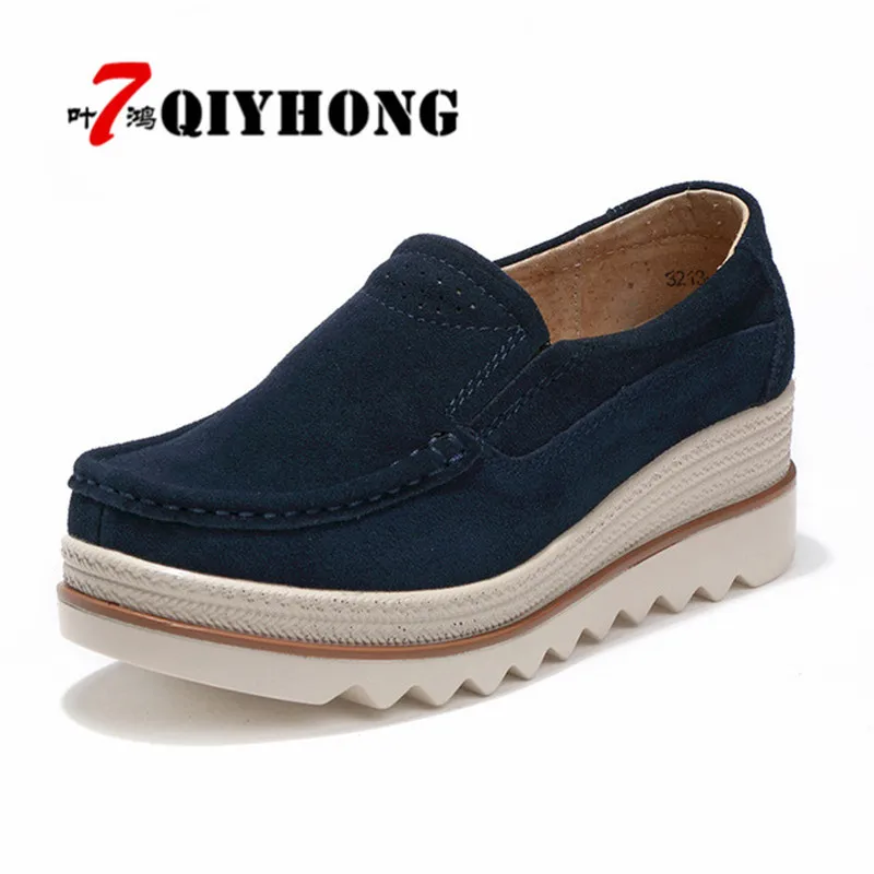 2018 Cuir forme Plate Glissement Femmes Creepers Qiyhong Sneakers gris Chaussures noir Talons bleu Beige Daim En Automne Casual Appartements Mocassins Sur 4zqdw