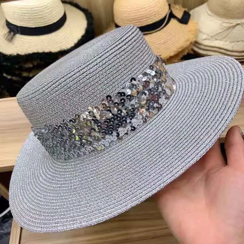 Новый bling серый золотыми блестками Летняя шляпа широкие поля, из соломы Регулируемый головной убор пляж Hat Sun Шапки для Для женщин девочек