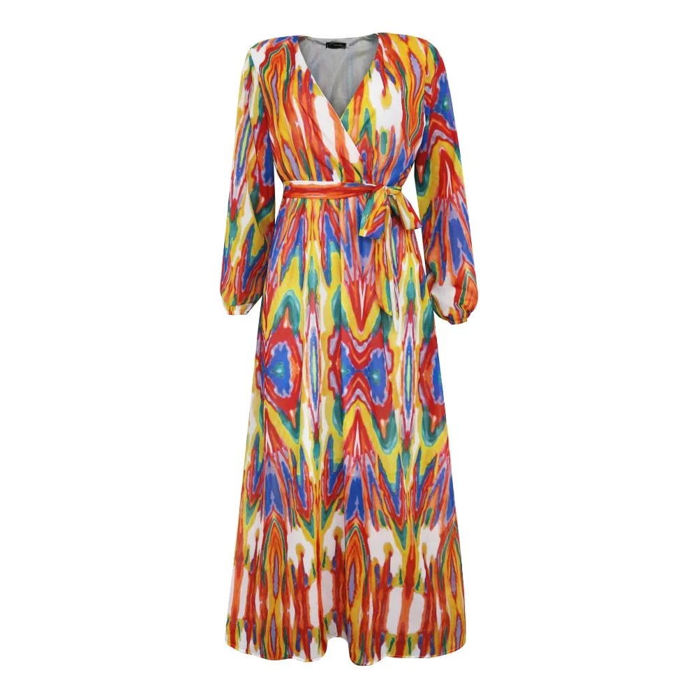 XURU женское пляжное шифоновое длинное платье с принтом, v-образный вырез, длинный рукав, свободное обтягивающее платье, богемное Повседневное платье большого размера, S-3XL-5XL