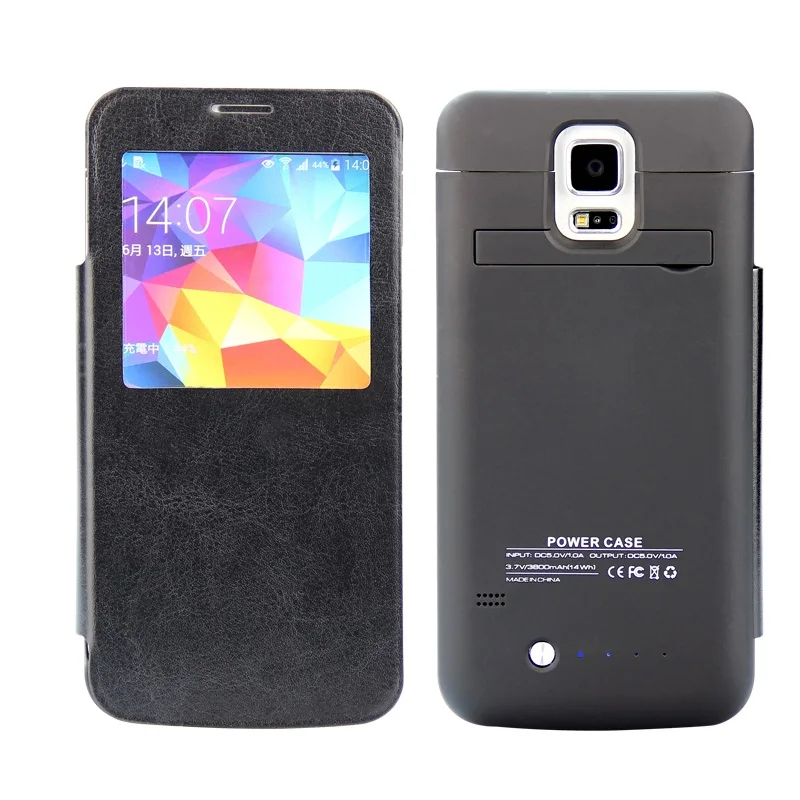For Galaxy S5 G900 Battery Cases 3800mAh Battery Charger Case with Leather Window Cover for Samsung