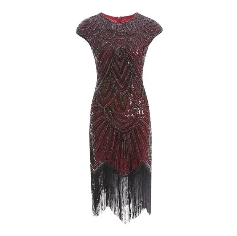 Vintage Women Plus Size Great Gatsby Dress Sleeveless 1920s Flapper CHARLESTON COSTUME Cocktail Party Fringed Sequin Dress - Цвет: Красный