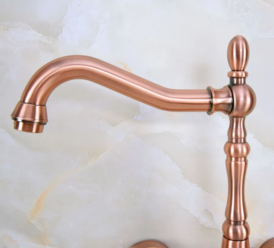 Antique Red Copper Brass Wall Mounted Bathroom Kitchen Sink Faucet Swivel Spout Mixer Tap Dual Ceramics Handles Levers anf952