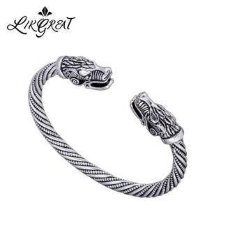 

LIKGREAT Wristband Cuff Bracelets for Men Women Vintage Viking Dragon Head Metal Engraved Bangles Antique Silver Color Bijoux