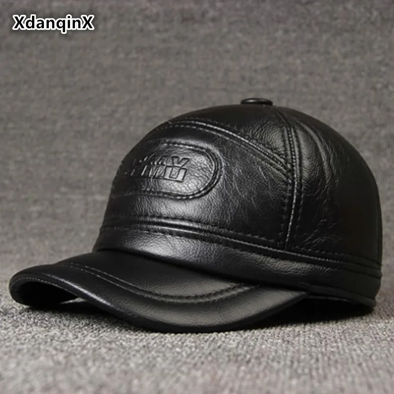 

XdanqinX Men's Genuine Leather Cap Autumn Winter Warm Baseball Caps With Earmuffs Cowhide Leather Winter Hat For Middle-aged Men