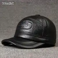 XdanqinX Men's Genuine Leather Cap Autumn Winter Warm Baseball Caps With Earmuffs Cowhide Leather Winter Hat For Middle-aged Men