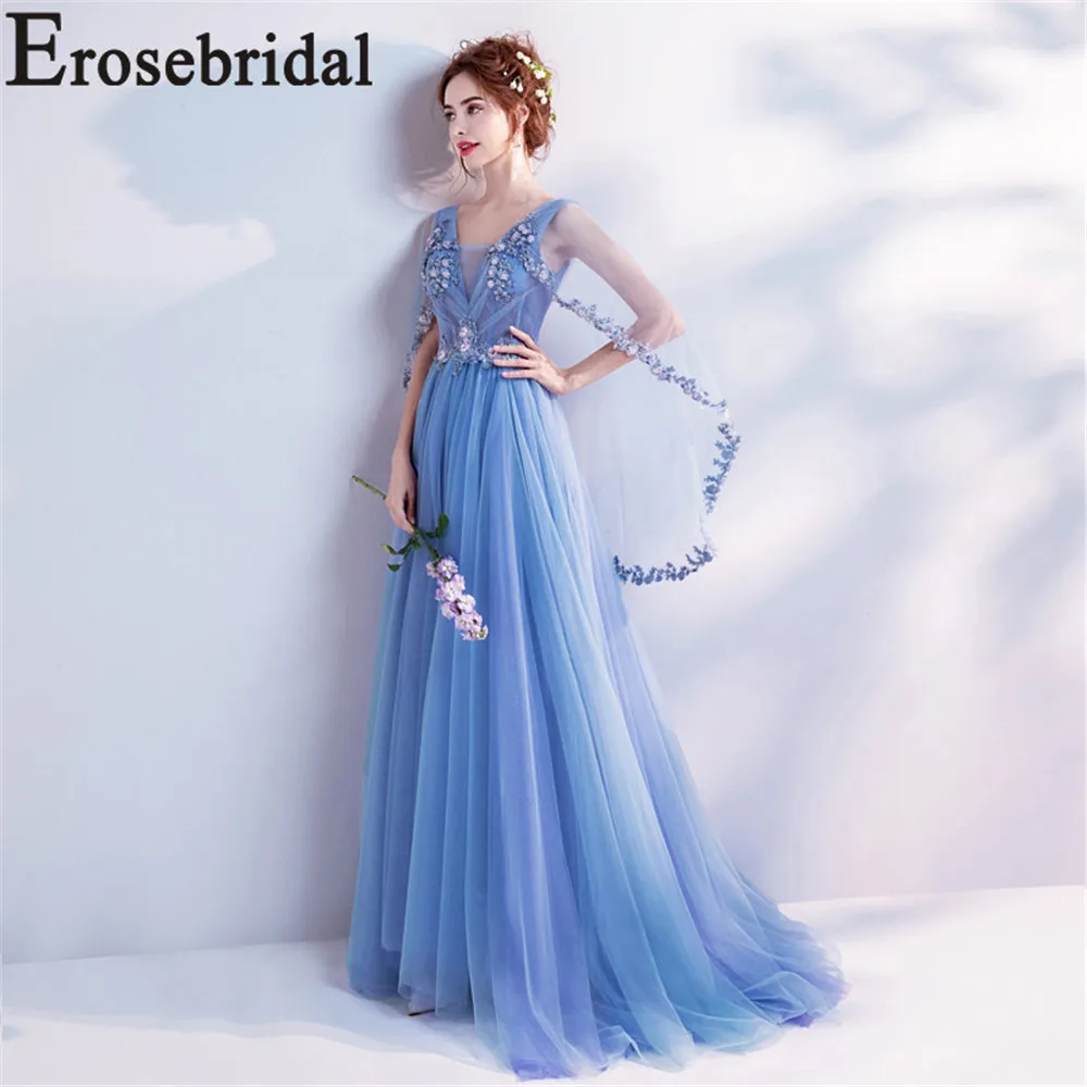 Женское вечернее платье Erosebridal длинное синее с глубоким v образным вырезом