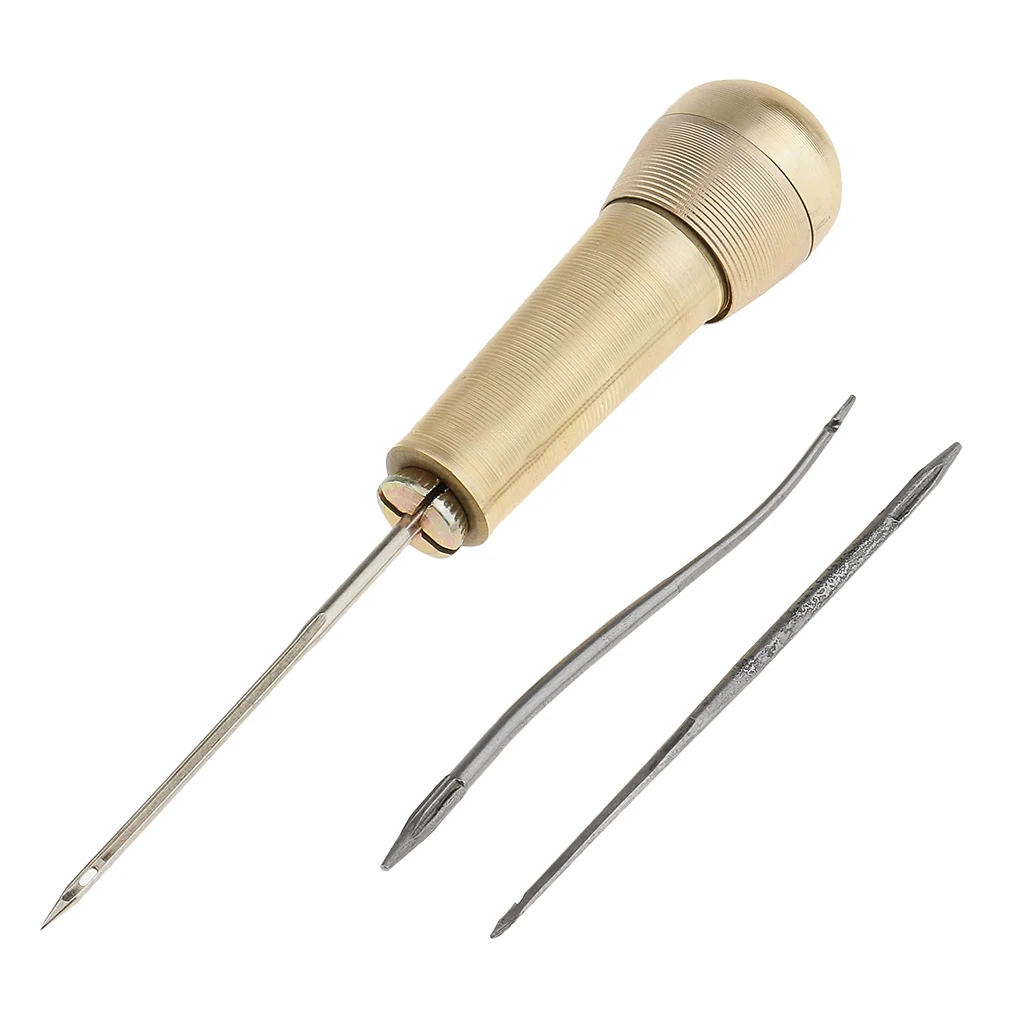 3 Needles Straight Needle Curved hook needle Copper Handle Sewing Awl Hand Stitcher Shoe Repairing Sewing Tool