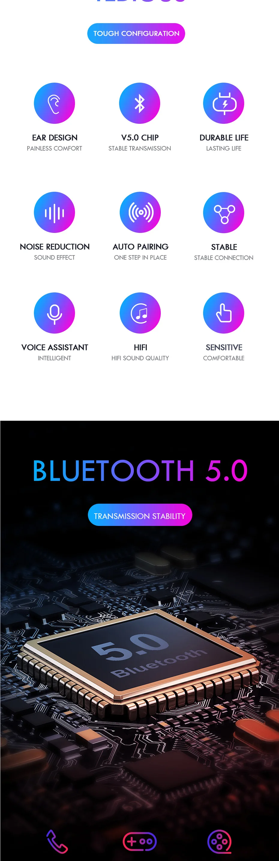 VOULAO Bluetooth наушники 5,0 мини TWS беспроводная гарнитура с сенсорным управлением спортивные наушники стерео беспроводные наушники с зарядным устройством