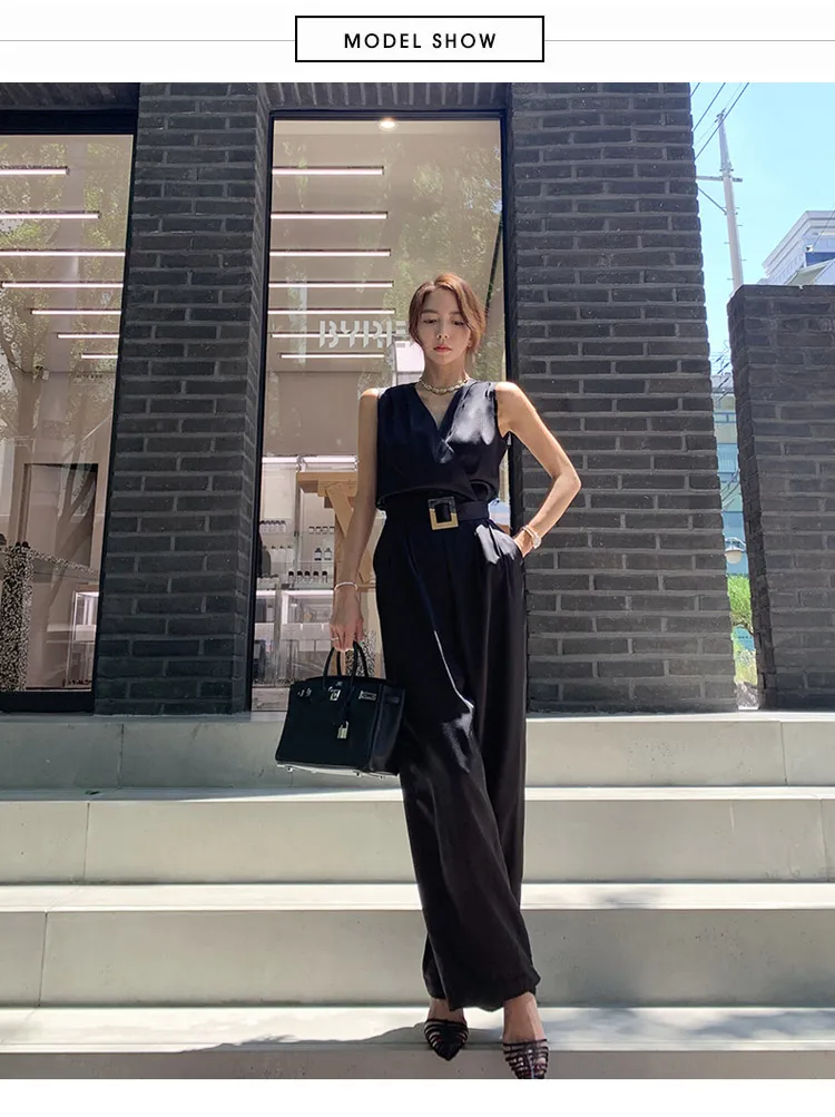 summer elegant new slim jumpsuit sleeveless with belt runway office lady bodysuit Romper