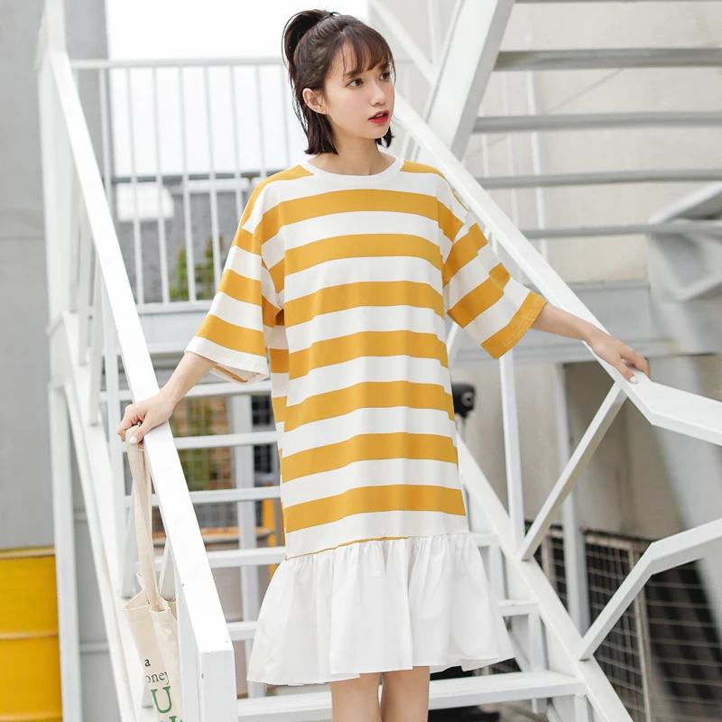 

Women's Dresses Ins Girl Kawaii Ulzzang Loose Striped Dress Female Vintage Harajuku Punk Clothes For Women Beach Boho Casual
