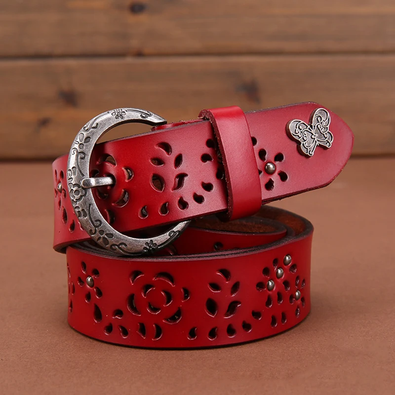 

Famous brand women leather belt hollow out red belts for woman strap high quality pin buckle fashion belt cinto feminino largos