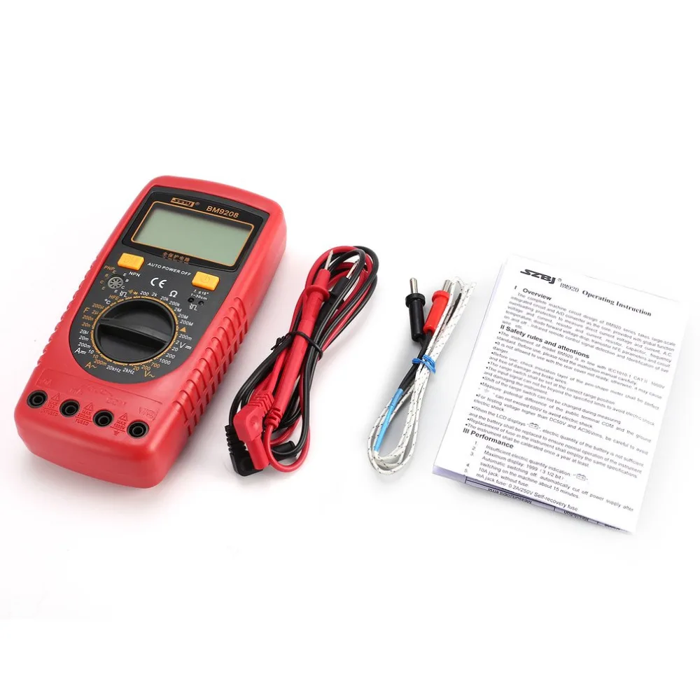 

9208 Handheld Digital Multimeter 1999 Counts AC/DC Volt Amp Ohm Capacitance Frequency Temperature hFE Diode Continuity Tester