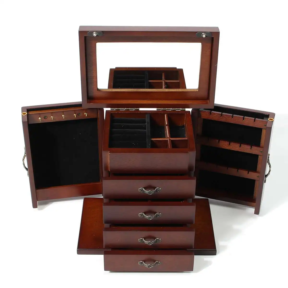 

Multifunction Wooden Jewellery Box Vintage Jewelry Storage Box Organizer Display Case Lockable Ring Necklace Holder Drawer