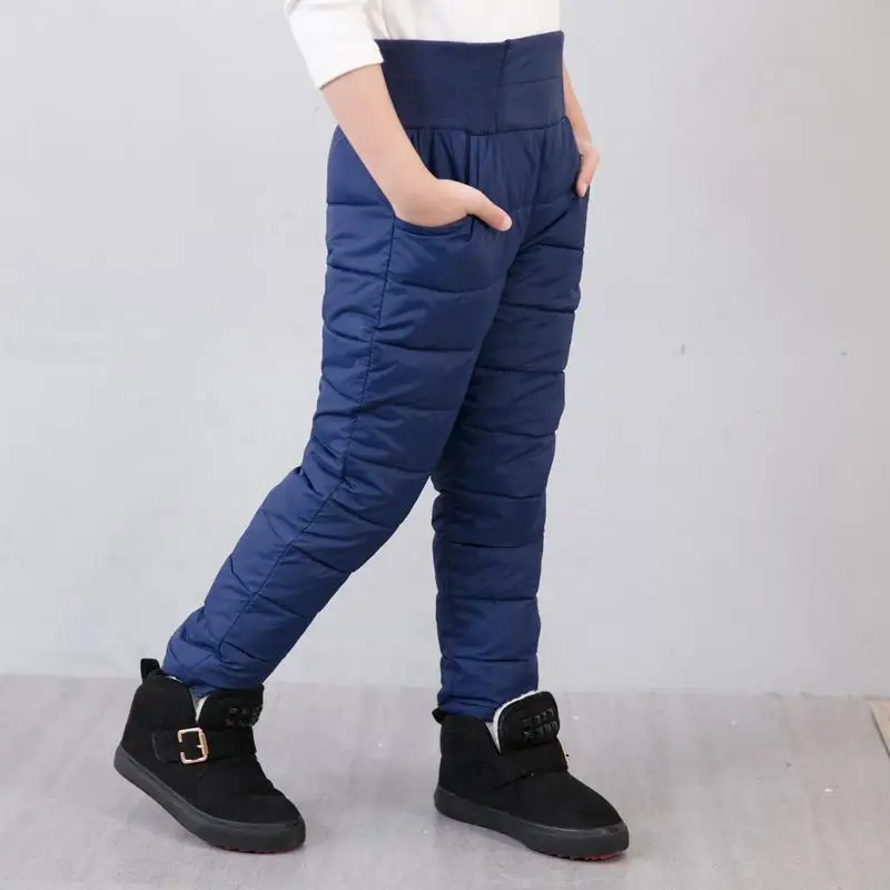 Толстые теплые зимние Пуховые штаны для мальчиков и девочек хлопковые брюки с подкладом водонепроницаемые штаны ледяные гетры детские штаны с поясом детская одежда - Цвет: Синий