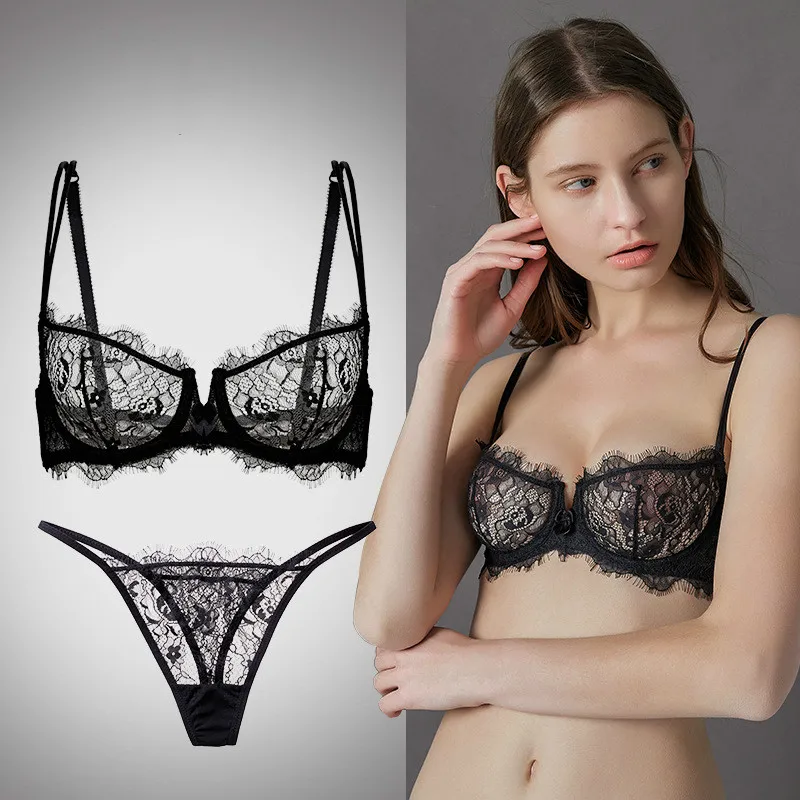 

Sexy Thong Lady Push Up Bra Set Lace Hollow Out Bralette Underwear Panty Set Intimates Black Women Bra Brief Set Lingerie Set