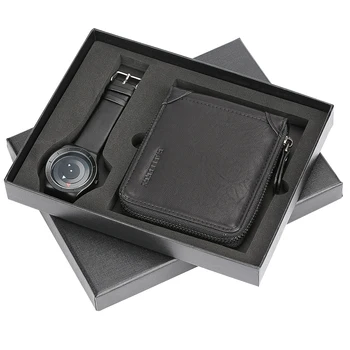 

Quartz Wrist Watch Swirl Arrow Design PU Leather Hasp Wallet Casual Christmas Gift Set for Father Boyfriend