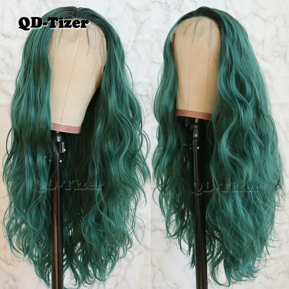 QD-Tizer Hair Loose Wave Hair Lace Wig with BabyHair Glueless Heat Resistant Synthetic Lace Front Wigs for Women Ombre Green Wig