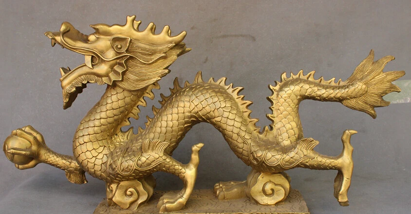 

S4524 26'' Chinese Totem Droit Brass FengShui Wealth JiXiang Ball Myth Dragon Statue D0318