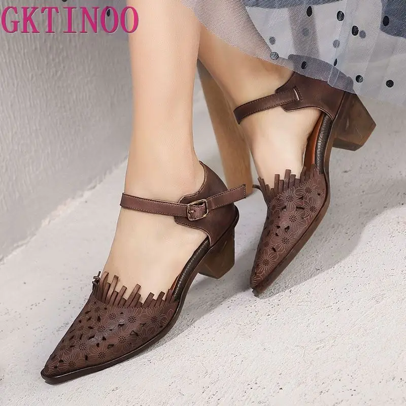 

GKTINOO Original 2019 Spring and Summer New Pointed Toe Thick Heels Women Sandals Genuine Leather Retro Hollow Buckle Pumps