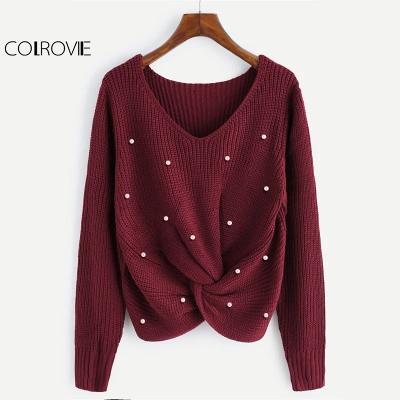 

COLROVIE V Neck Pearl Beaded Detail Twist Sweater Fashion Burgundy Long Sleeve Plain Pullovers Sweater Women Casual Sweater