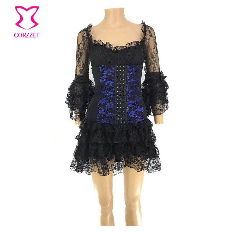 

Summer Vintage Gothic Sexy Corset Dress Women Steampunk Victorian Blue Floral Lace Corset+Black V-Neck Ruffle Flare Sleeve Dress