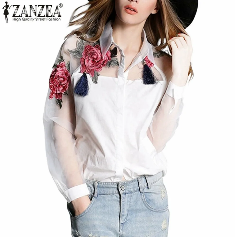 ZANZEA мода Blusas 2018 Летние Элегантные Для женщин блузка цветок Вышивка Винтаж Рубашки для мальчиков органзы рукава Топы корректирующие плюс Ра...