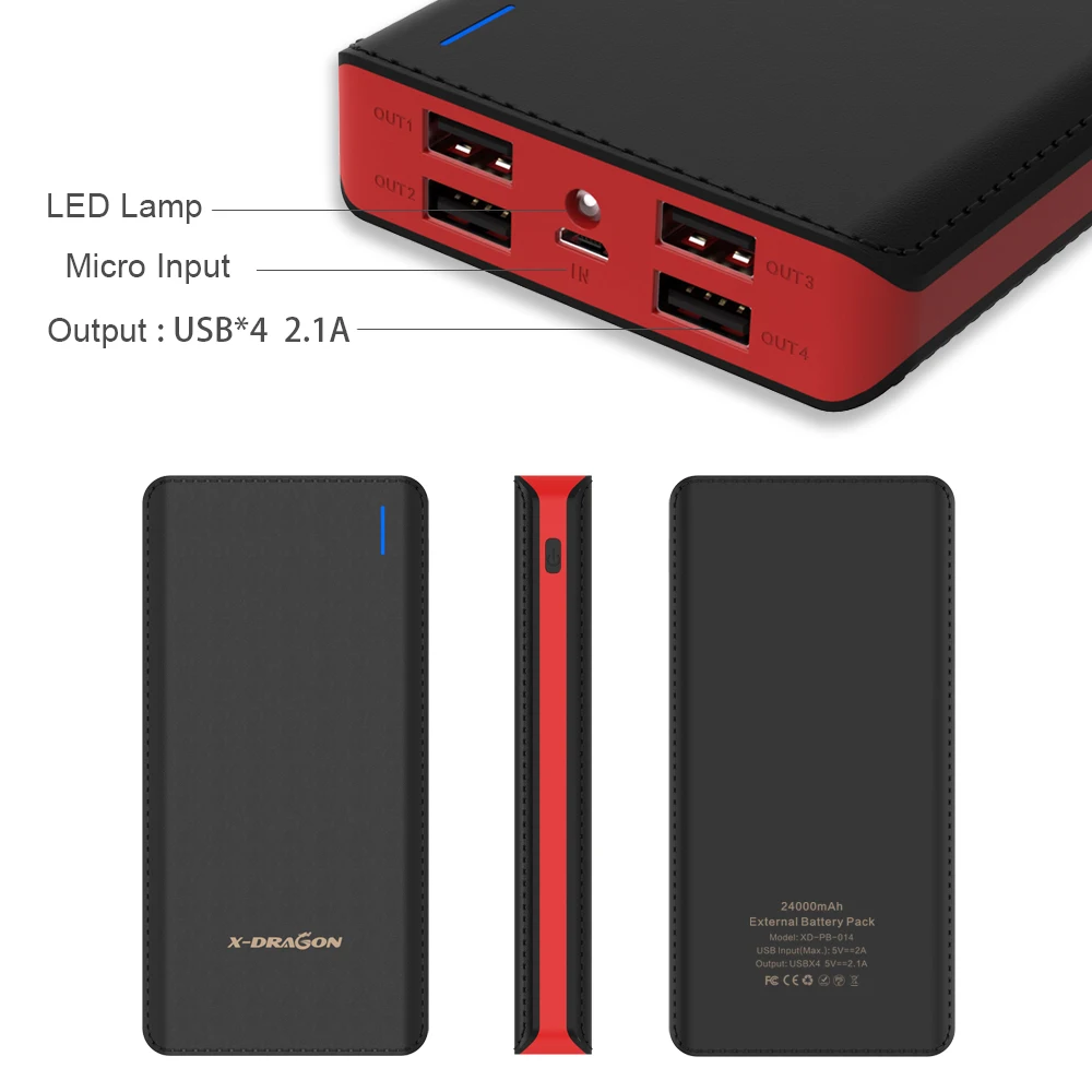 Внешний аккумулятор 24000 мАч портативный внешний 4 usb выхода быстрая зарядка для