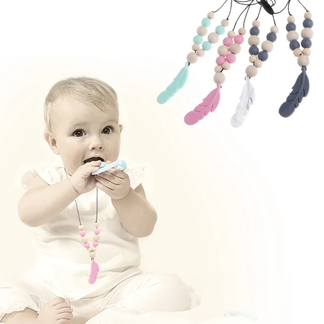 Baby Silicone Teether Chain Charm Feather Beads Necklace Teething Toy