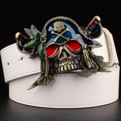 Модный мужской кожаный ремень с металлической пряжкой цветные пиратские ремни с ножами панк-рок утрированный ремень с изображением пирата хип-хоп пояс - Цвет: Белый