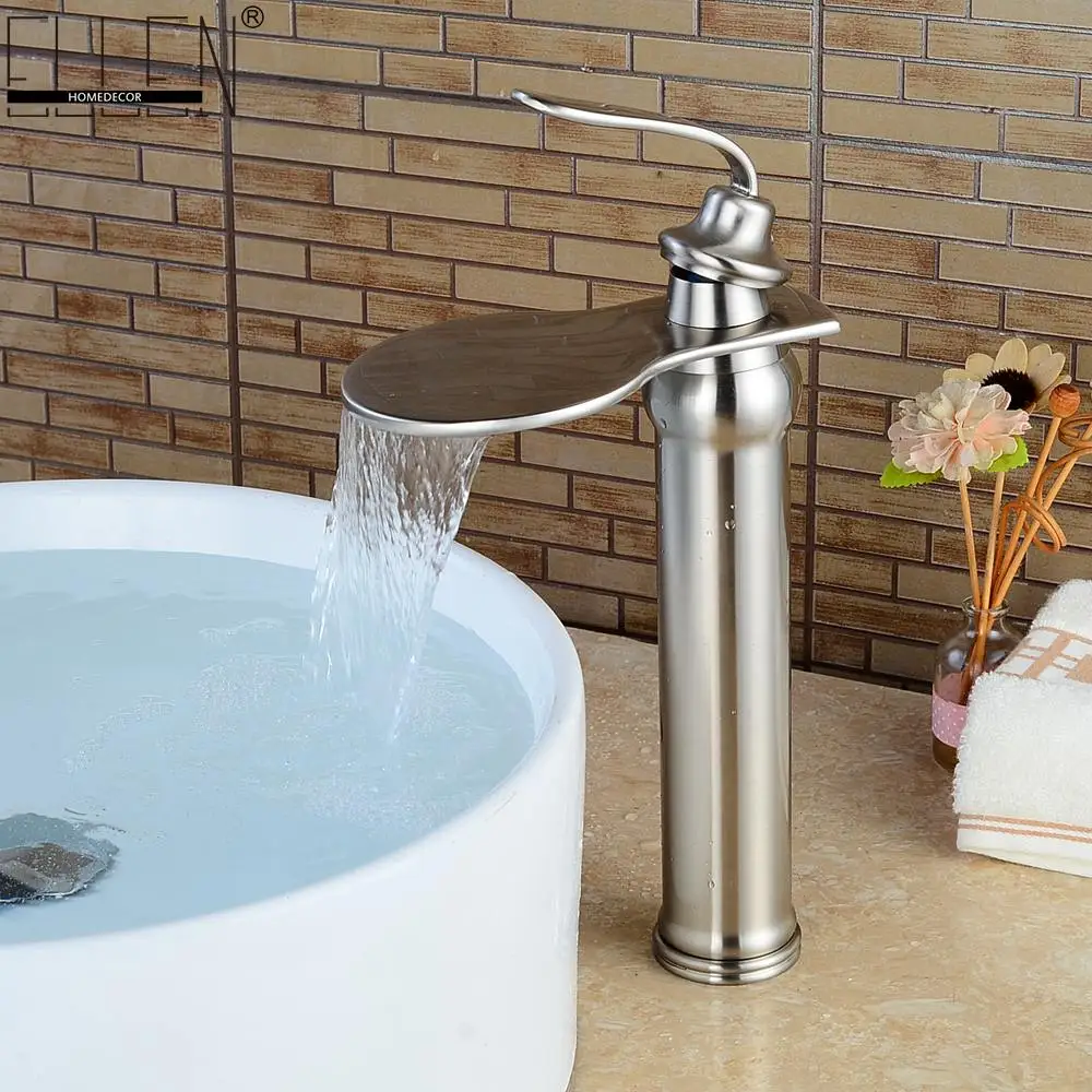 

Waterfall Bathroom Tall Faucets Hot and Cold Water Mixer Tap Brush Nickel Basin Sink Faucet