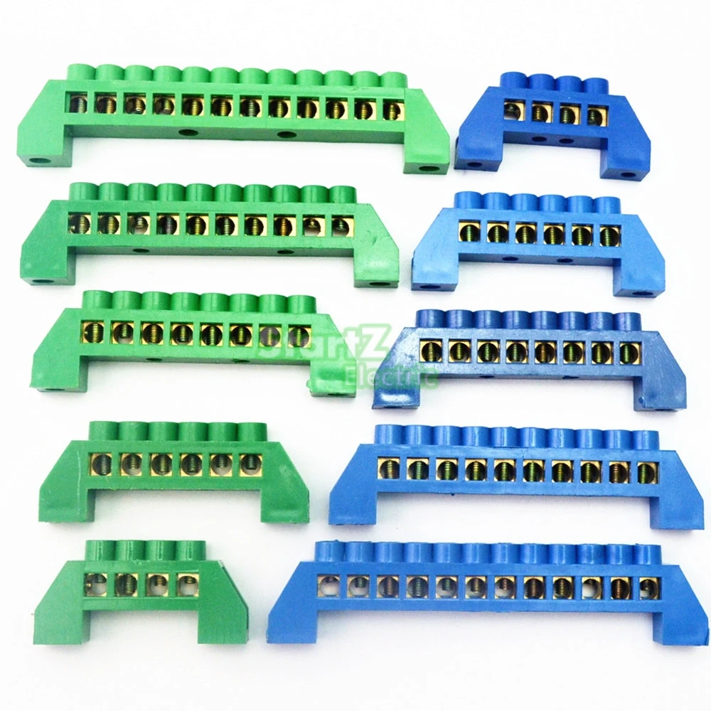 Green Blue Screw Brass terminal block Earth And Neutral block with 4 12