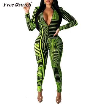 

Free Ostrich 2019 Autumn Sexy Deep V Neck Party Jumpsuit Women High Waist Striped Overalls Long Sleeve Long Bodysuit N30