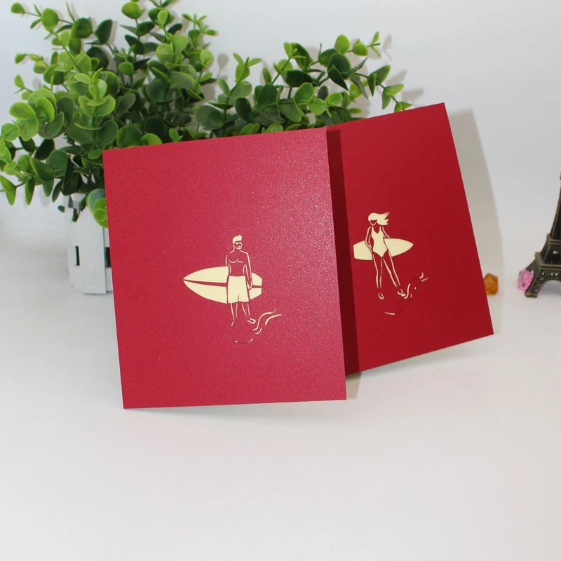  3D Laser Cut Handmade Red Cover Seashore Surfing Boy Girl Paper Invitation Greeting Cards PostCard  - 32889373666