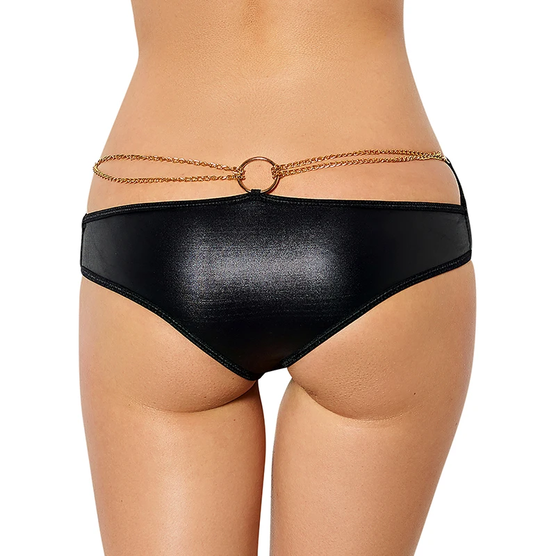 

Knickers Women Faux Leather Plus Size Panties Hot Black Solid Mid Waist Soft Sexy Underwear Women Panty With Chain PS5062