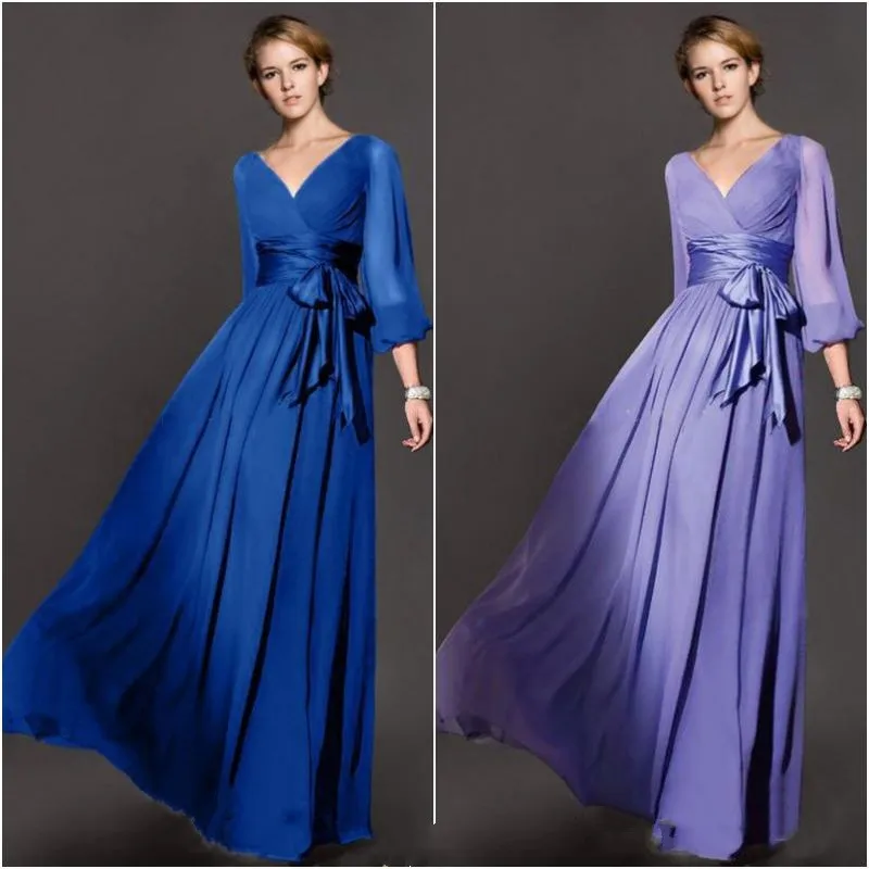 Fast-Shipping-V-Neck-Long-Sleeves-Floor-Length-Cobalt-Lilac-Black-Coral-Pink-Chiffon-Long-Wedding