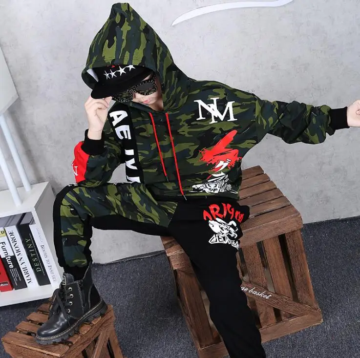 Goede Jongens Meisjes Lente Kleding Set Hip Hop Dansen Kostuums Kids Legergroen Camouflage Hoodies Broek Outfits Voor 8 10 12 14 Jaar