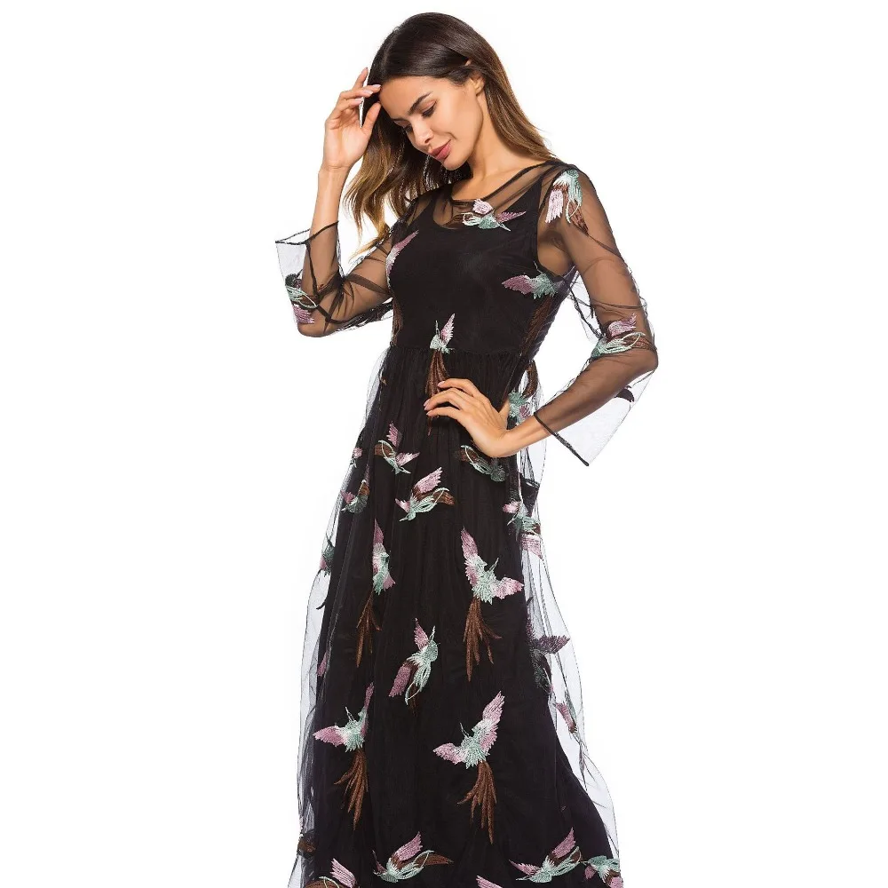 Роскошное богемное платье, Осеннее подиумное элегантное Брендовое дизайнерское платье с черной вышивкой в виде птицы, богемное Сетчатое платье, женские винтажные длинные платья