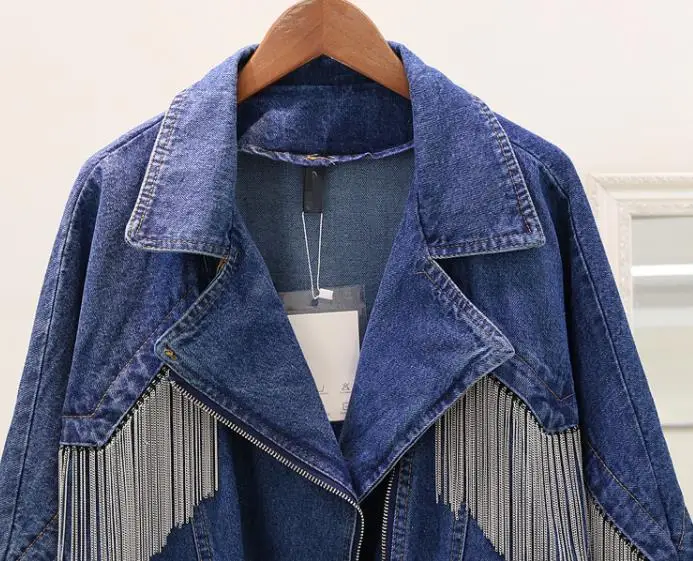wonderful  2018 New Spring Autumn Women's Loose Chain Tassel Denim Jacket Blue Cowboy Coat Female Students Cas