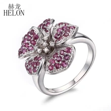 HELON 925 Sterling Silver Pave Real Ruby Natural Diamonds Ring Fine Jewelry Engagement Wedding Silver Flower Ring Gemstone Ring