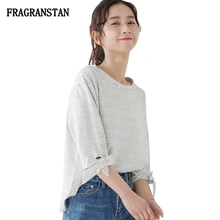 Для женщин сезон: весна–лето Половина рукава белая футболка Женская мода с принтом в полоску с бантом футболки дамы Повседневное Свободные Топ JQ421