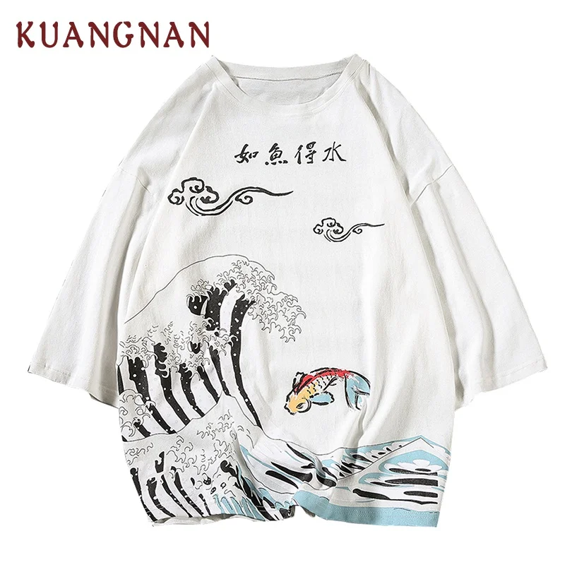 KUANGNAN китайский стиль принт рыбы футболка мужская Harajuku летняя топ футболки хип