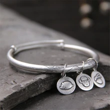 Модные Античная бергамот Лотос регулируемый браслет S999 серебро расширяющийся кабель браслет три китайских знаков зодиака браслет с Шармами