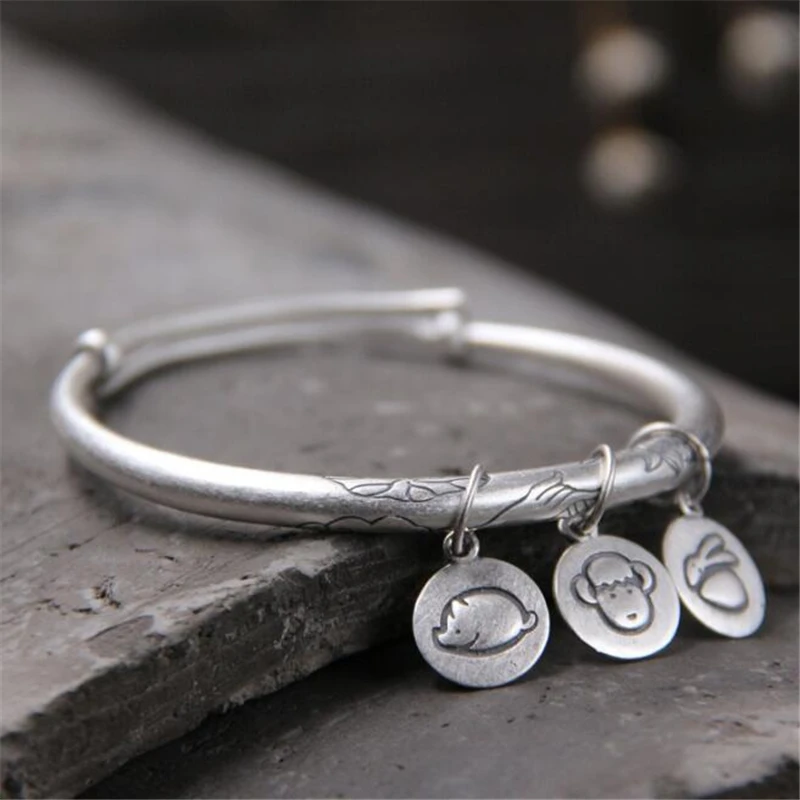 

Fashion Antique Bergamot Lotus Adjustble Bangle S999 Silver Expandable Wire Bangle Three Chinese Zodiac Sign Charms Bracelet