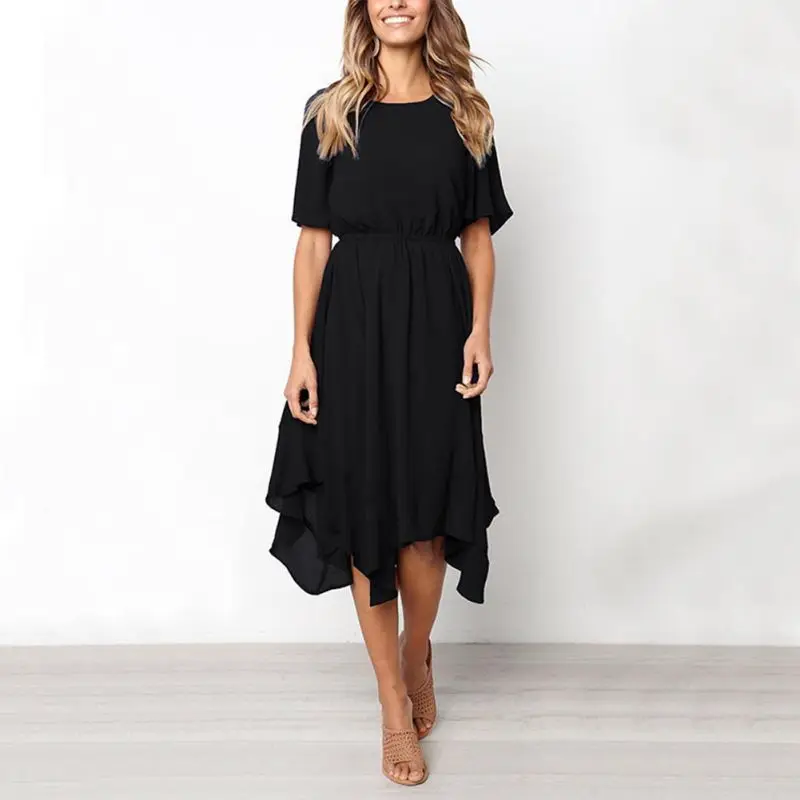 

2019 Women Summer Dress Casual Solid Color Short Sleeve Irregula Dress Fashion Wild Slim O-Neck Beach Dresses Plus Size Vestidos