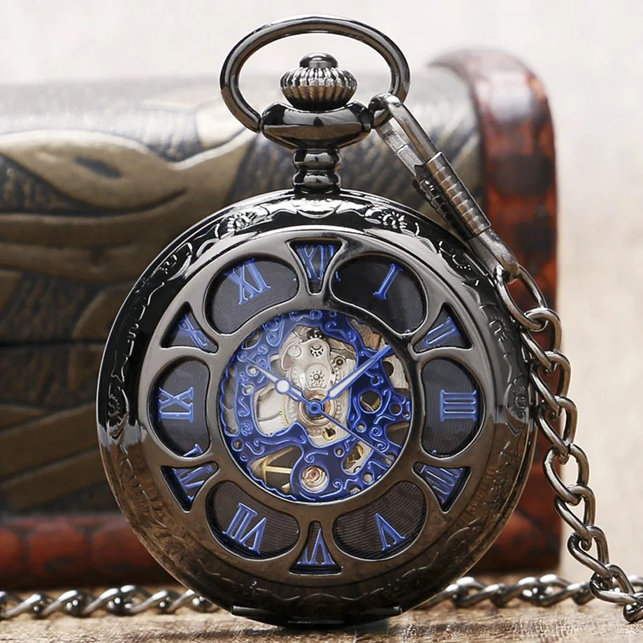 2018 New Arrival Black Mechanical Hand Wind Pocket Watch Unisex Hollow Blue Steampunk Rome Numbers Dial Pendent Necklace Gifts (13)