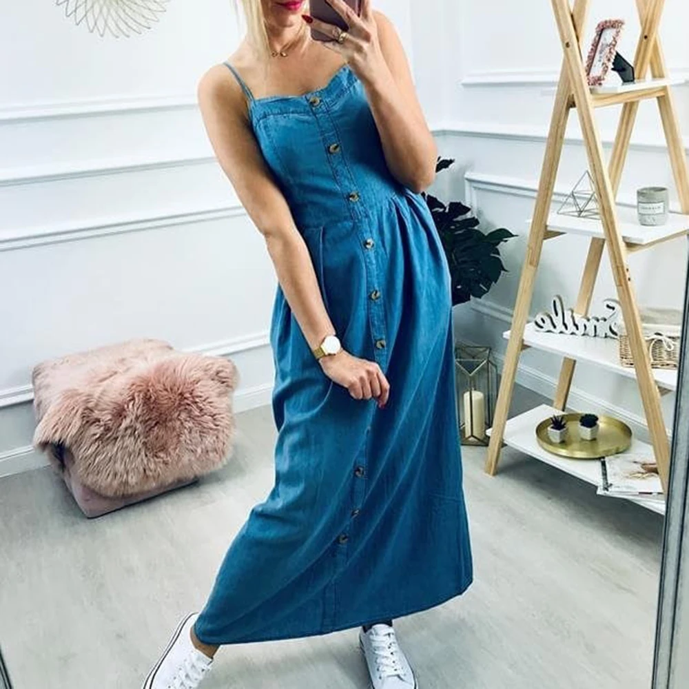 

Denim Dress Casual Women Spaghetti Strap Button Jean Maxi Dress Streetwear Vintage Ladies Summer Party Long Dress robe femme D40