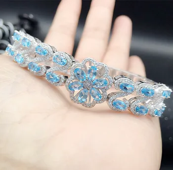 

Natural blue topaz chain bracelet Flower bracelets Free shipping 925 sterling silver 0.35ct*18pcs gemstone #XY18092610